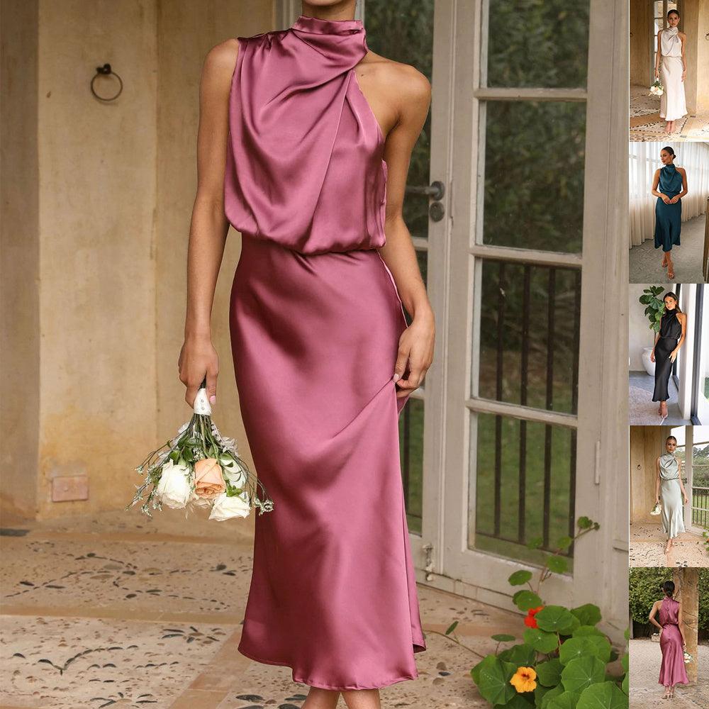 Sleeveless Halter Neck Dress Summer Fashion Temperament Evening Dresses For Women Clothing Shopique