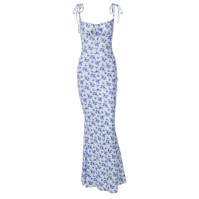 Fashion Flowers Print Suspender Long Dress Summer Lace-up Slim Backless Dresses For Women Shopique